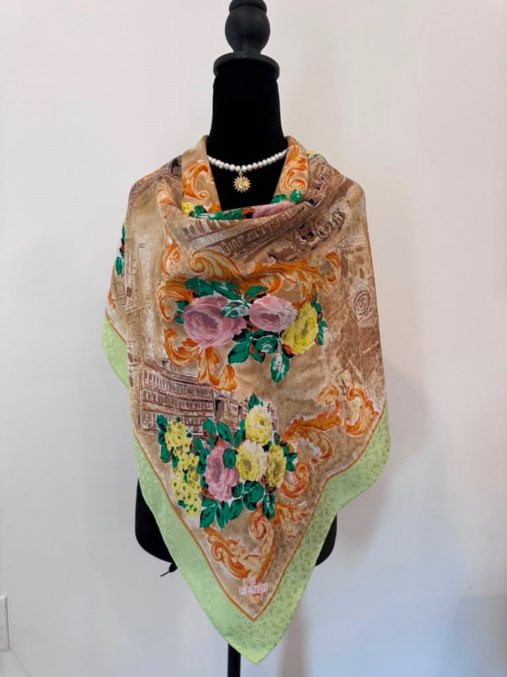 Vintage Fendi Silk Scarf Floral Green Hand Rolled